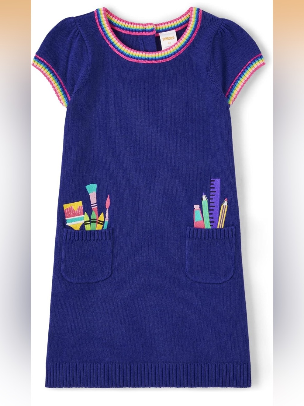 EUC Gymboree Royal Blue Knit Dress with Rainbow Trim and School-Supply Pockets